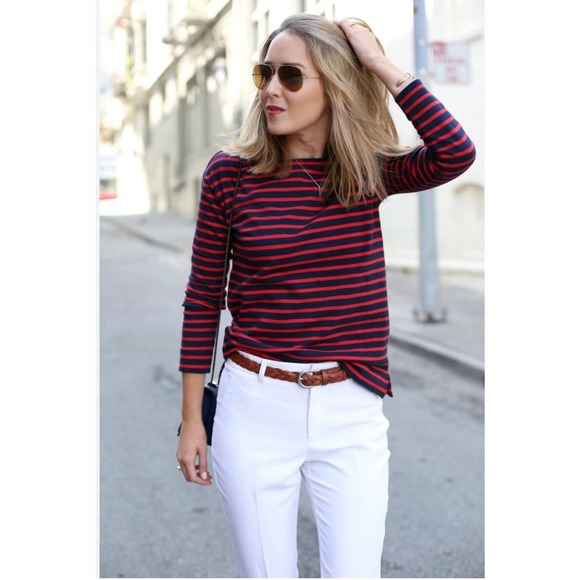J.Crew EUC Striped Long Sleeve Top Size XS Navy Red Cotton Perfect Fit - Picture 1 of 5